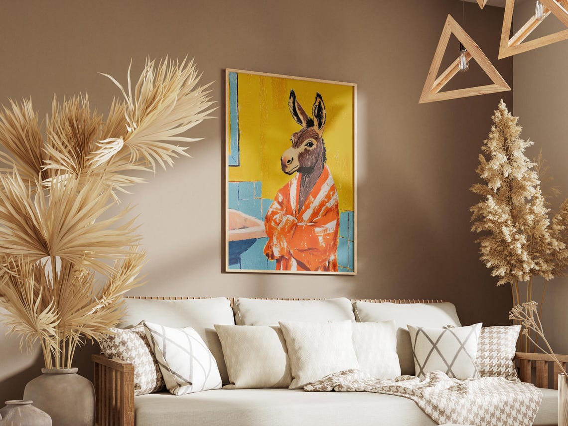 Donkey in Orange Bathrobe Yellow Bathroom Funny Animal Poster - Image 3