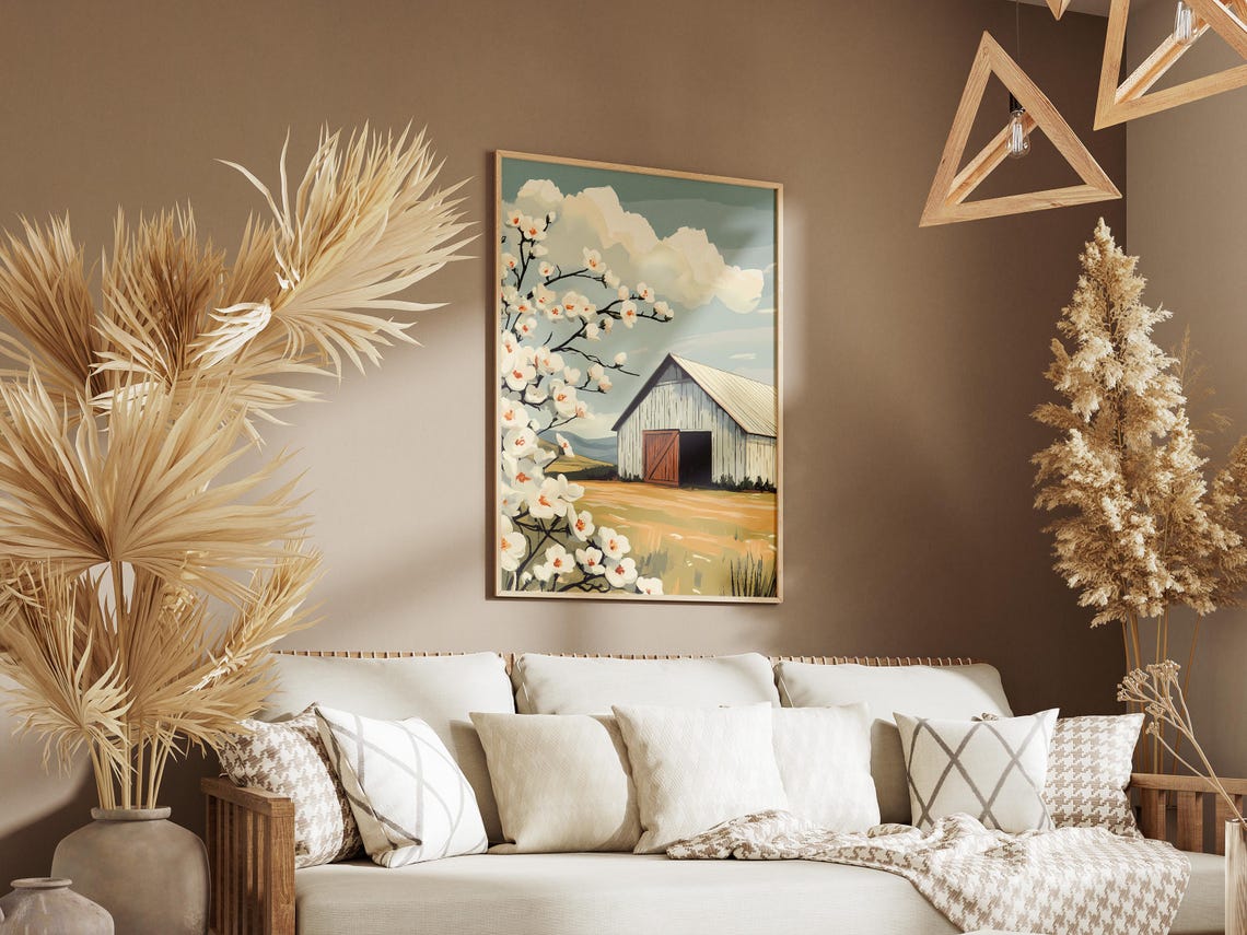 White Barn with Red Door and Blooming Apple Blossom Branches Poster - Image 3