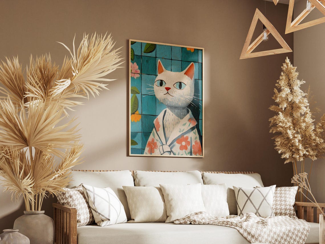 White Cat in Floral Robe Teal Tiles Folk Art Style Bath Poster - Image 3