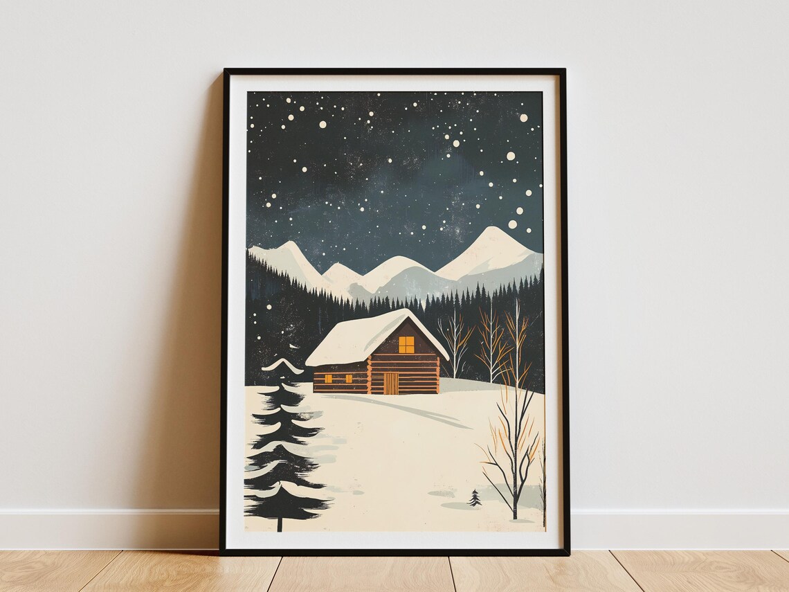 Rustic Cabin Winter Landscape Poster, Vintage Travel