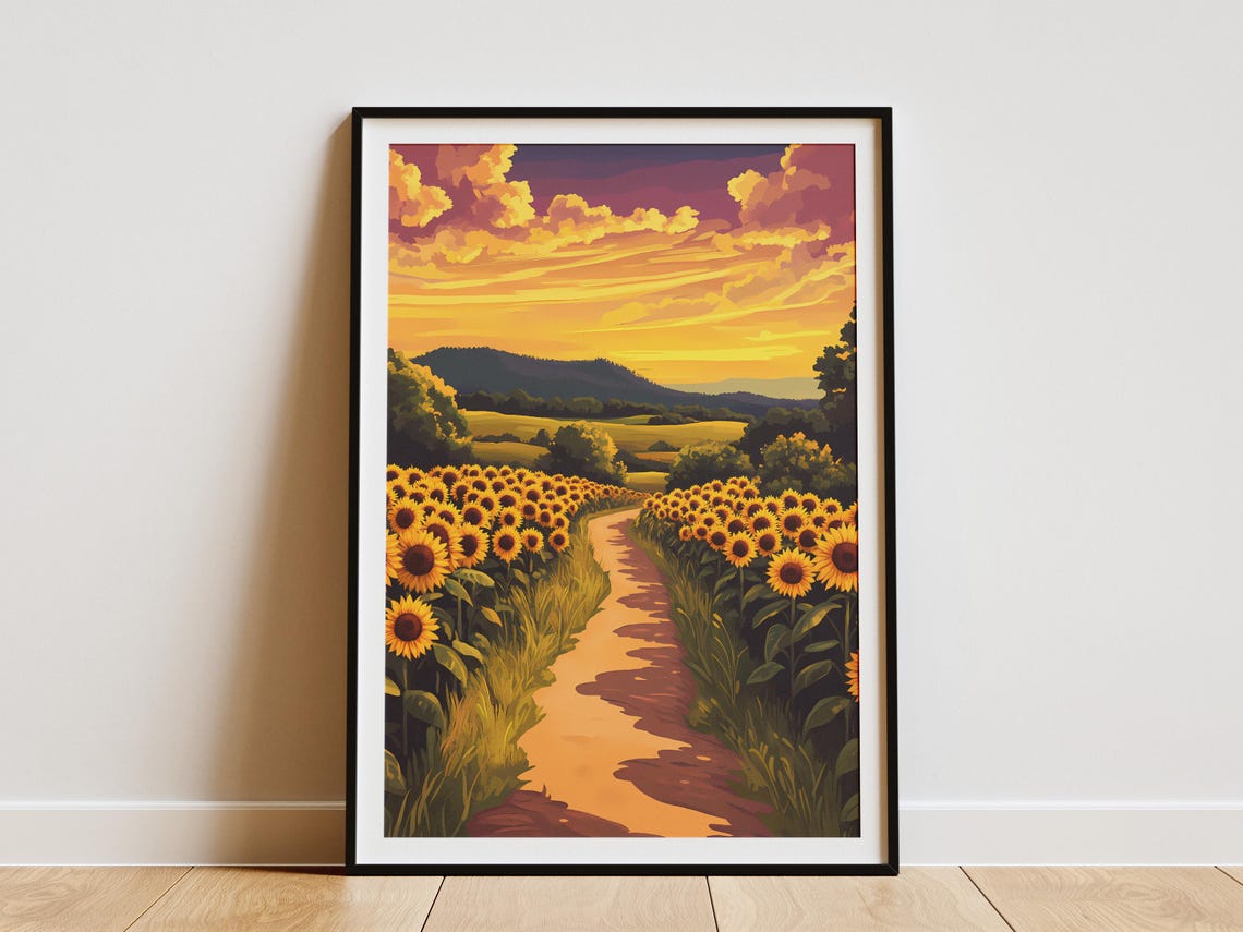 Sunflower Dusk Road Summer Poster Nature Wall Art Yellow Flower Field Country Road Print Farmhouse Decor Sunflower Art Print Vintage