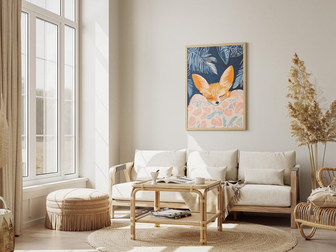 Fennec Fox Sleeping Under Leaf Blanket Blue Night Art Poster - Image 3