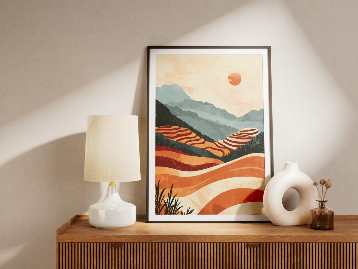China Terraced Hills Orange Striped Fields Small Sun Art Poster - Image 5