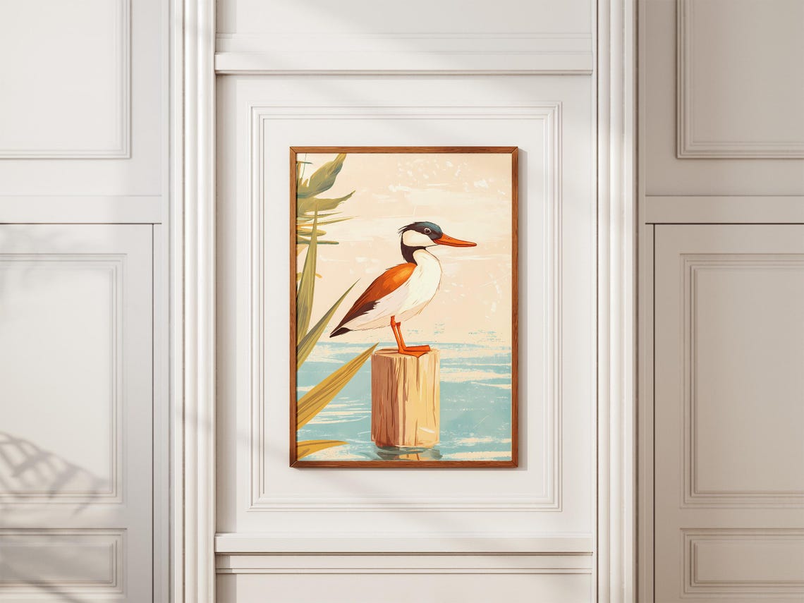 Hooded Merganser on a Piling in a Calm Bay Duck Illustration Poster - Image 2