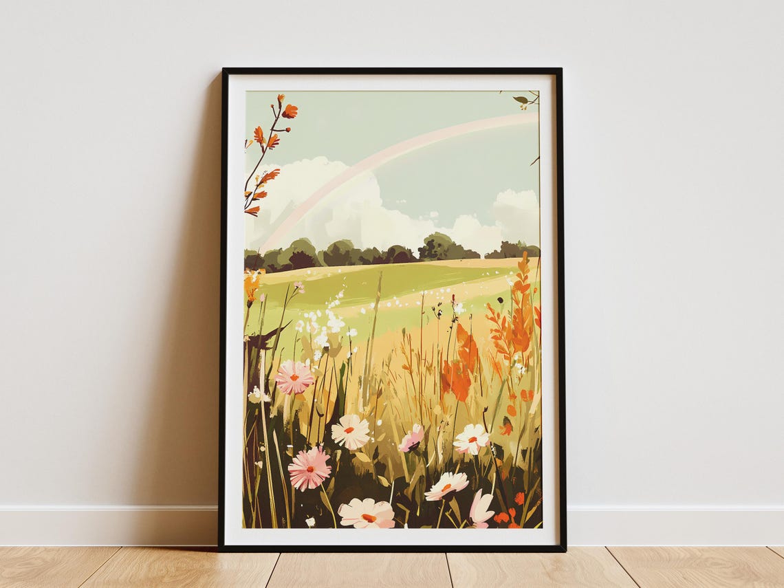 Wildflower Meadow with Daisies and a Soft Rainbow Arc Poster