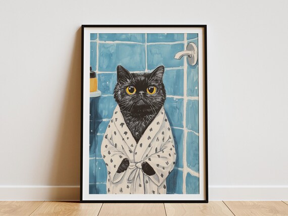 Funny Grumpy Black Cat in White Polka Dot Bathrobe Shower Poster