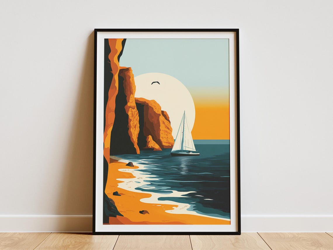 Sunset Sailboat Beside Glowing Orange Sea Cliffs Poster Scenic