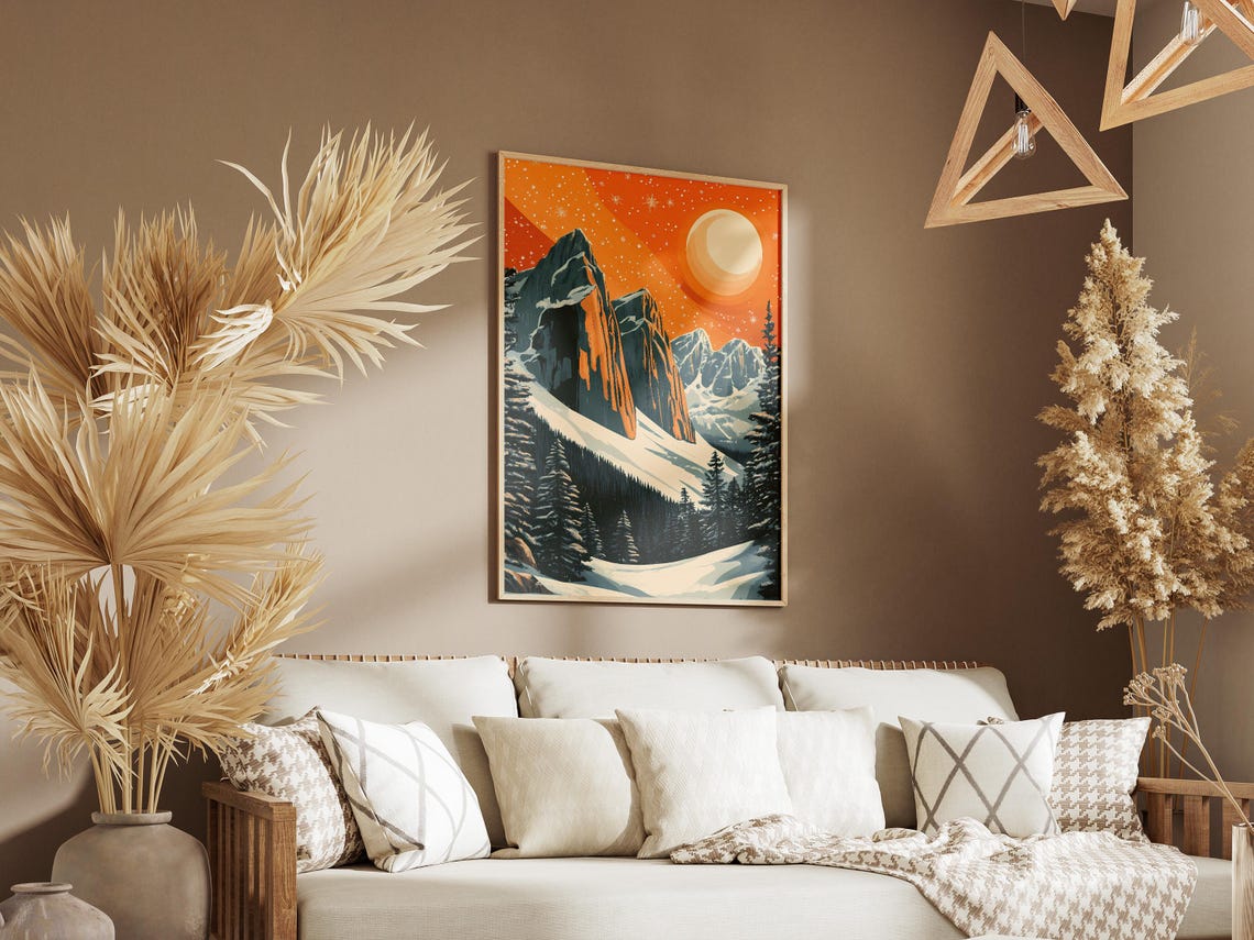 Rocky Mountain Winter Cliffs Under Orange Sunset Moon Poster - Image 3