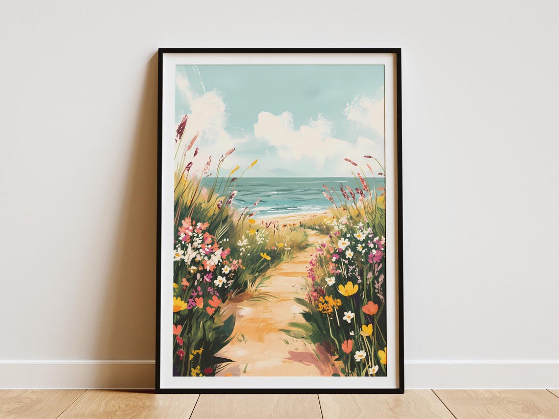 Wildflower Dune Path Ocean Breeze Watercolor Beach Art Poster