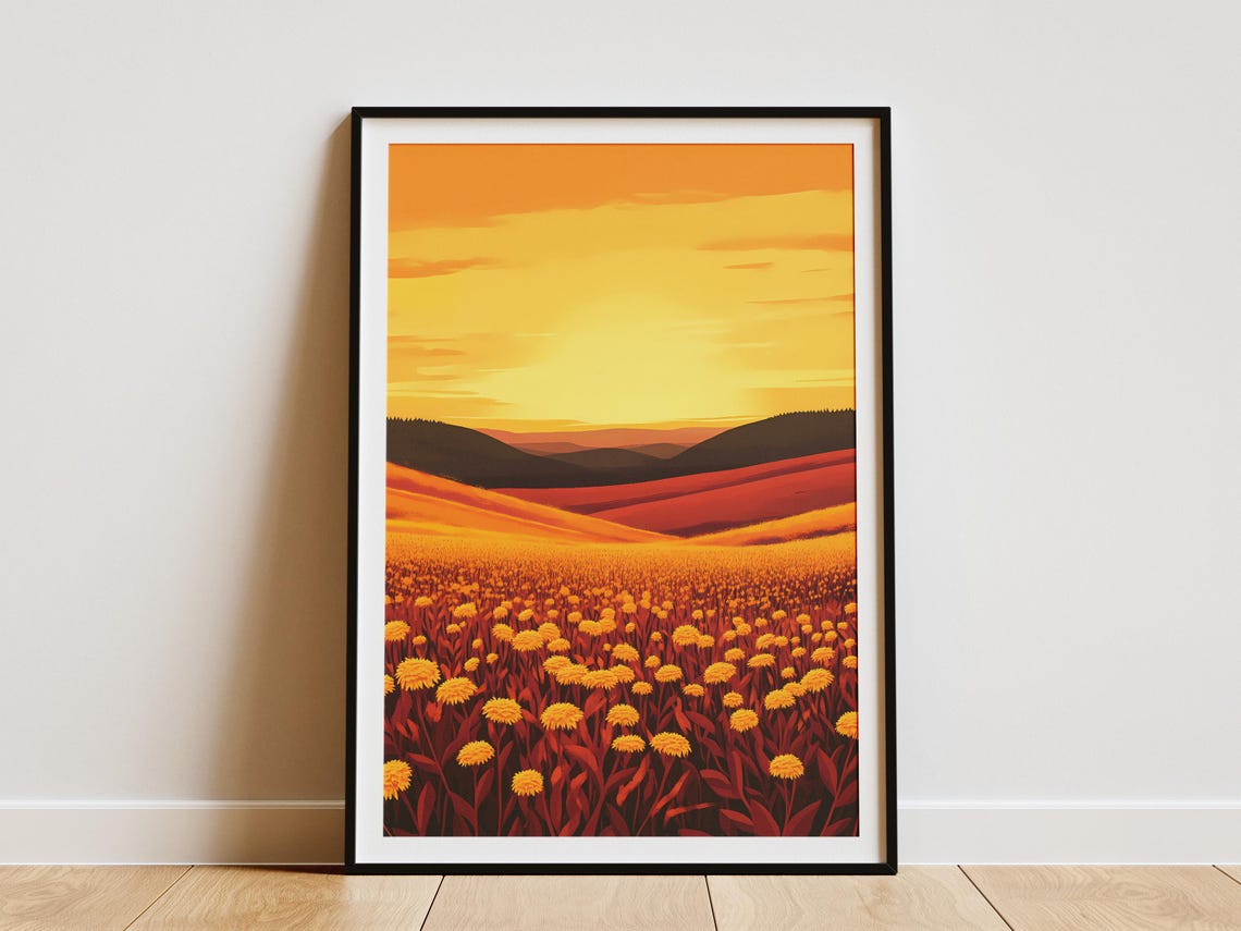 Fiery Orange Prairie Sunset Red Flower Field Dramatic Poster