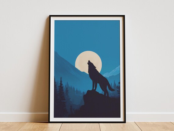 Majestic Wolf Howling Full Moon Vintage Wildlife Art Print