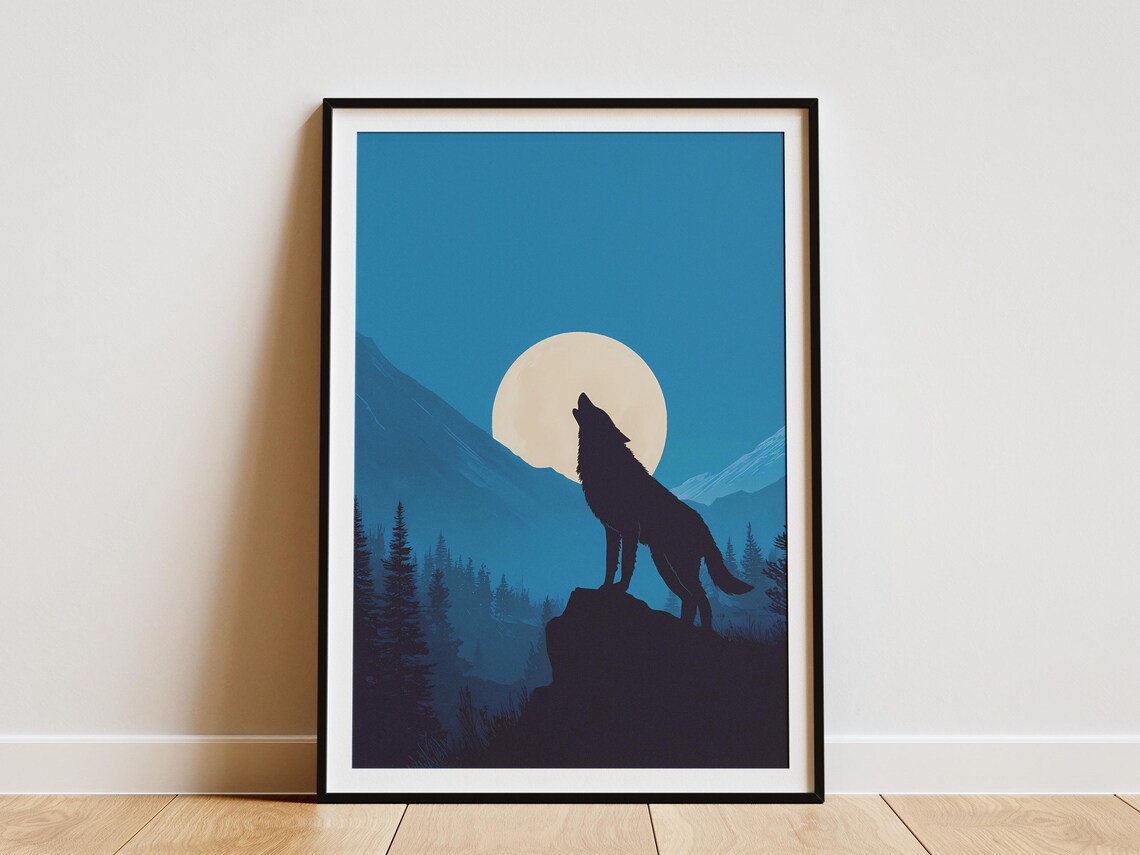 Majestic Wolf Howling Full Moon Vintage Wildlife Art Print