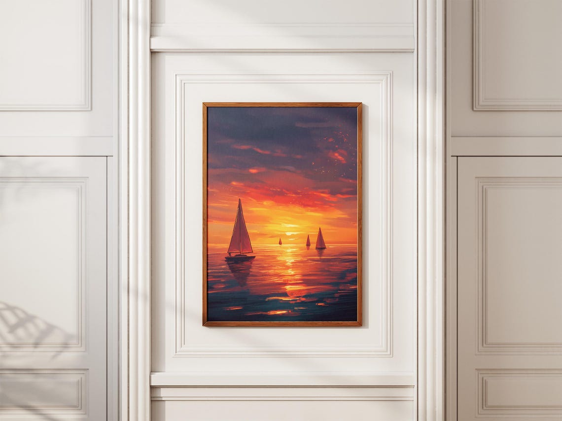 Sailboats Drifting at a Fiery Orange Sunset on Calm Water Poster - Image 2