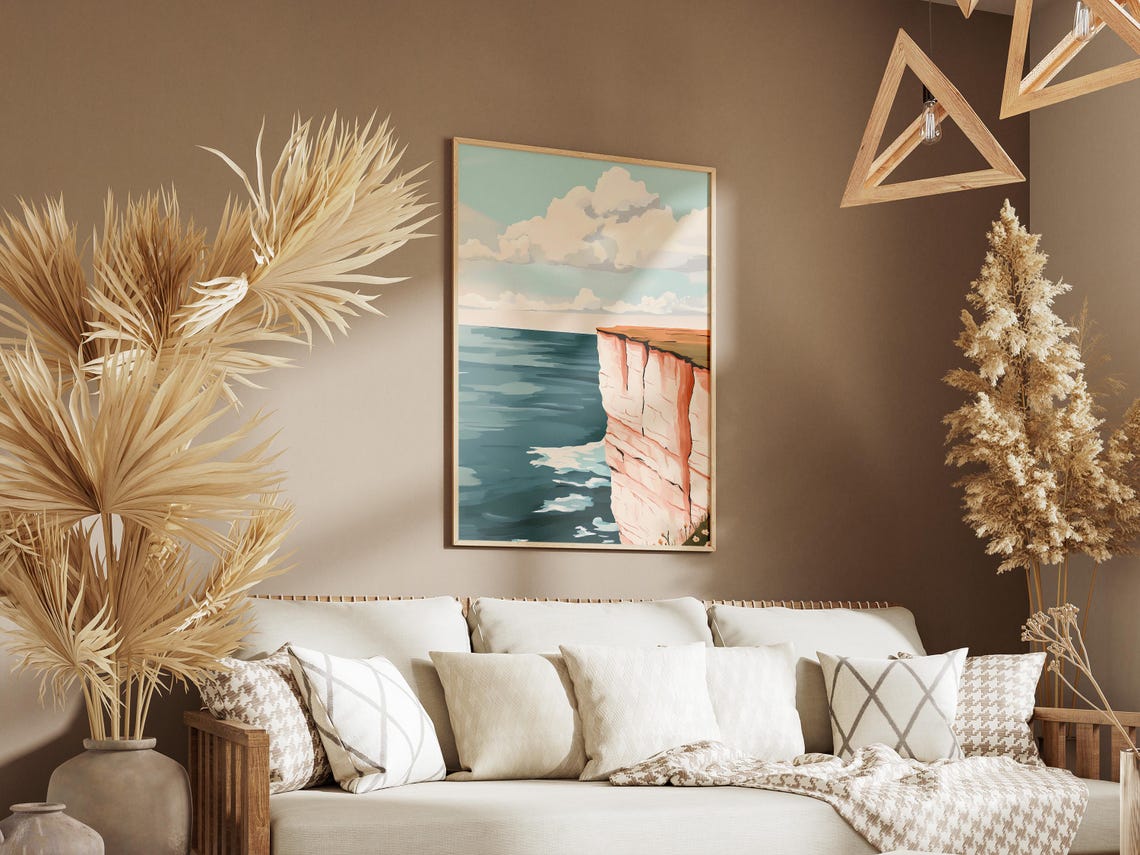 White Coastal Cliffs Over Teal Ocean Minimal Seascape Art Poster - Image 3