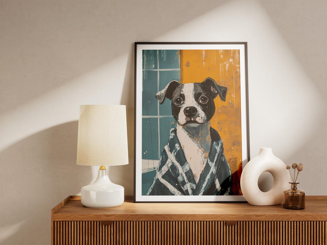 Staffy Puppy in Plaid Bathrobe Teal Orange Tile Bathroom Poster - Image 5