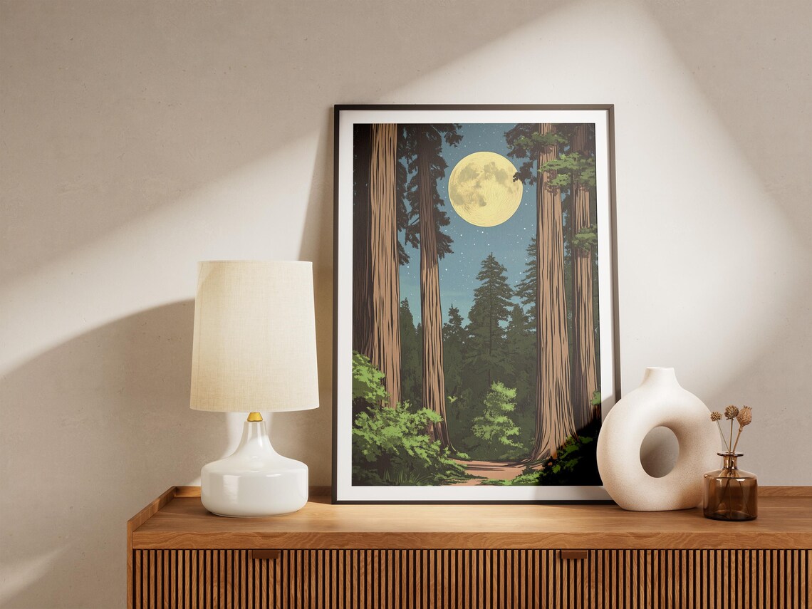 Redwood National Park Giant Trees Moonlight Vintage Travel Decor Poster - Image 4