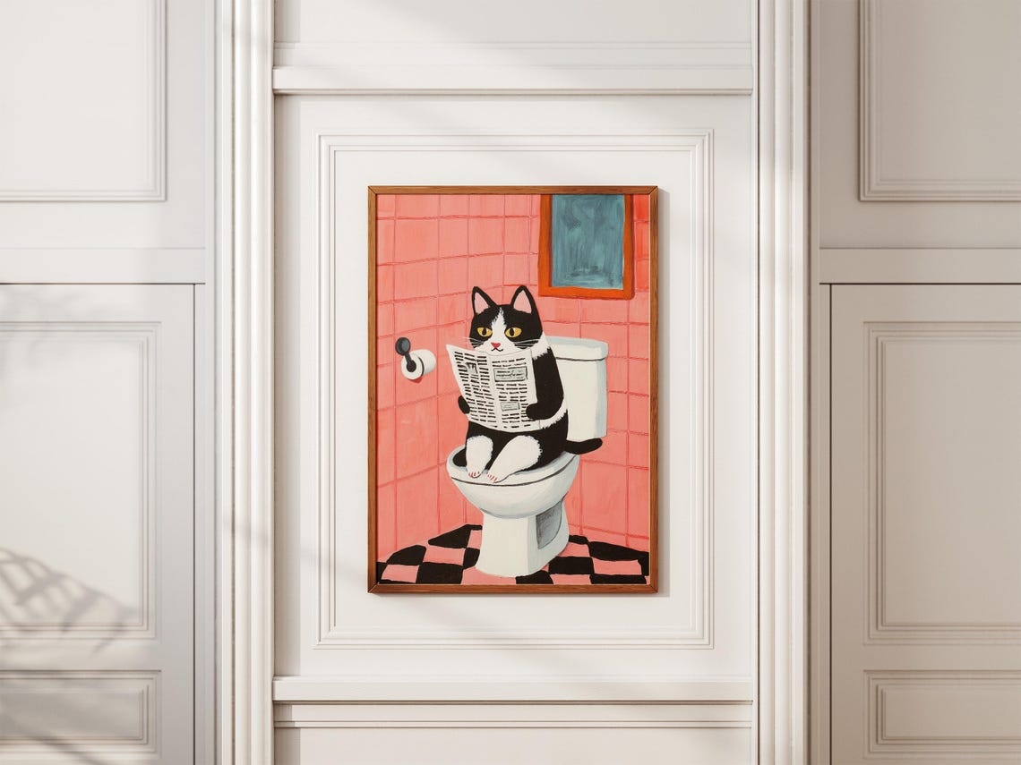Tuxedo Cat Reading Newspaper on Toilet Pink Bathroom Art Poster - Image 2