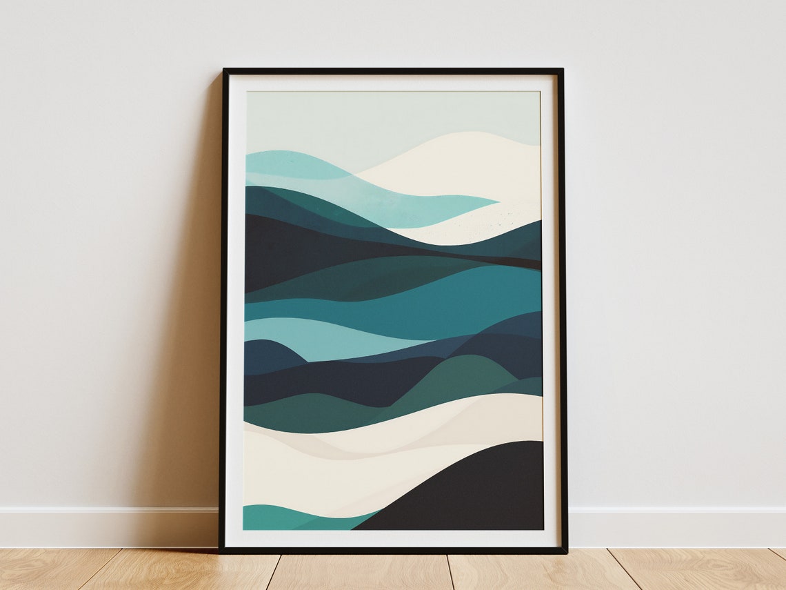 Layered Teal Ocean Wave Bands Minimalist Coastal Seascape Art Poster