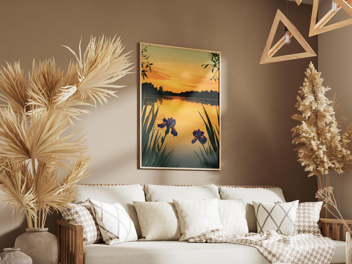Purple Irises Golden Sunset Lake Minimalist Calm Flower Poster - Image 3