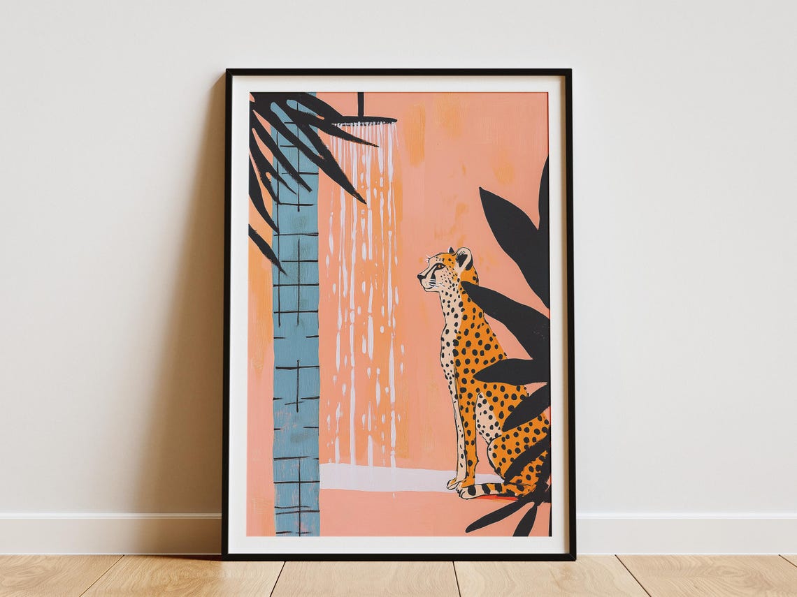 Spotted Cheetah Sitting Calmly Beneath a Running Showerhead Poster