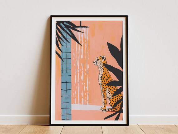 Spotted Cheetah Sitting Calmly Beneath a Running Showerhead Poster