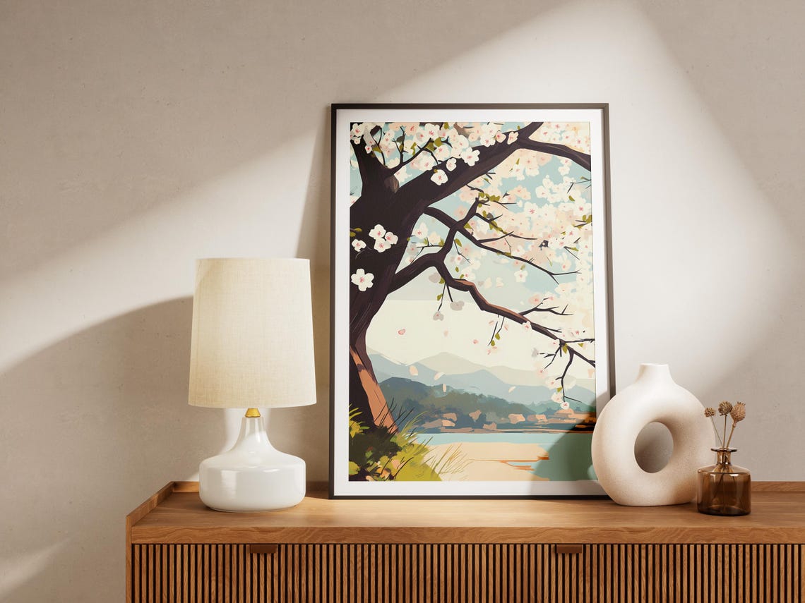 Blooming Cherry Blossom Tree Lake Mountains Spring Floral Poster - Image 4