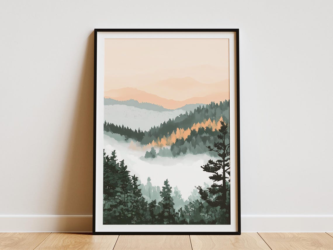 Misty Forest Valley With Layered Pine Ridges in Soft Fog Poster