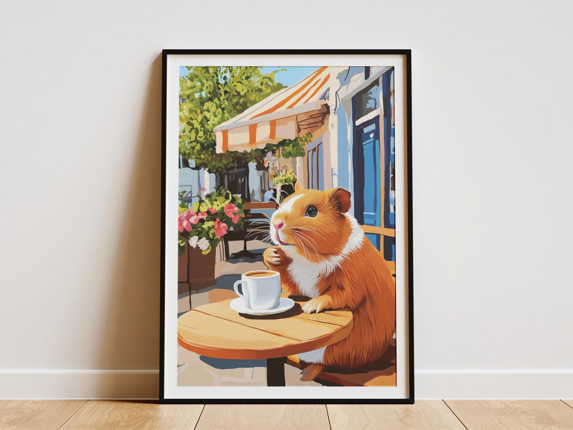 Plump Guinea Pig at Outdoor Cafe Table with Coffee Cup Poster