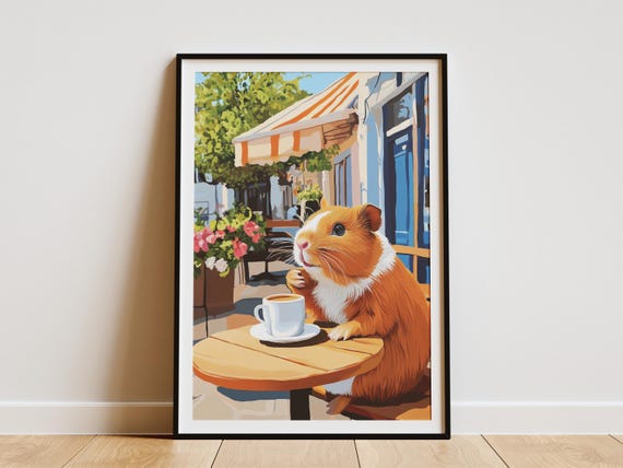 Guinea Pig Cafe Art Print Cozy Coffee Shop Poster Animal Lover Gift Whimsical Wall Decor Pet Portrait Cute