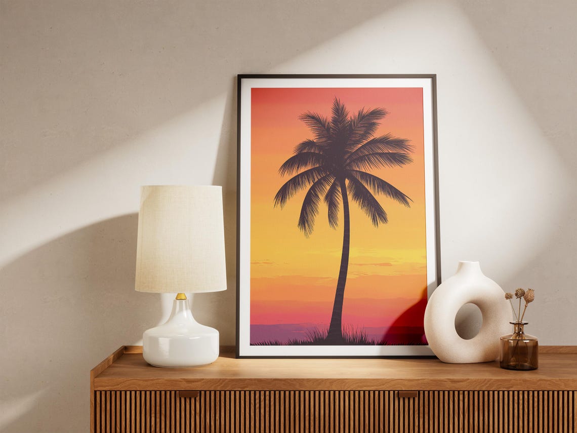 Tropical Palm Tree Silhouette Against a Vivid Orange Sunset Poster - Image 5
