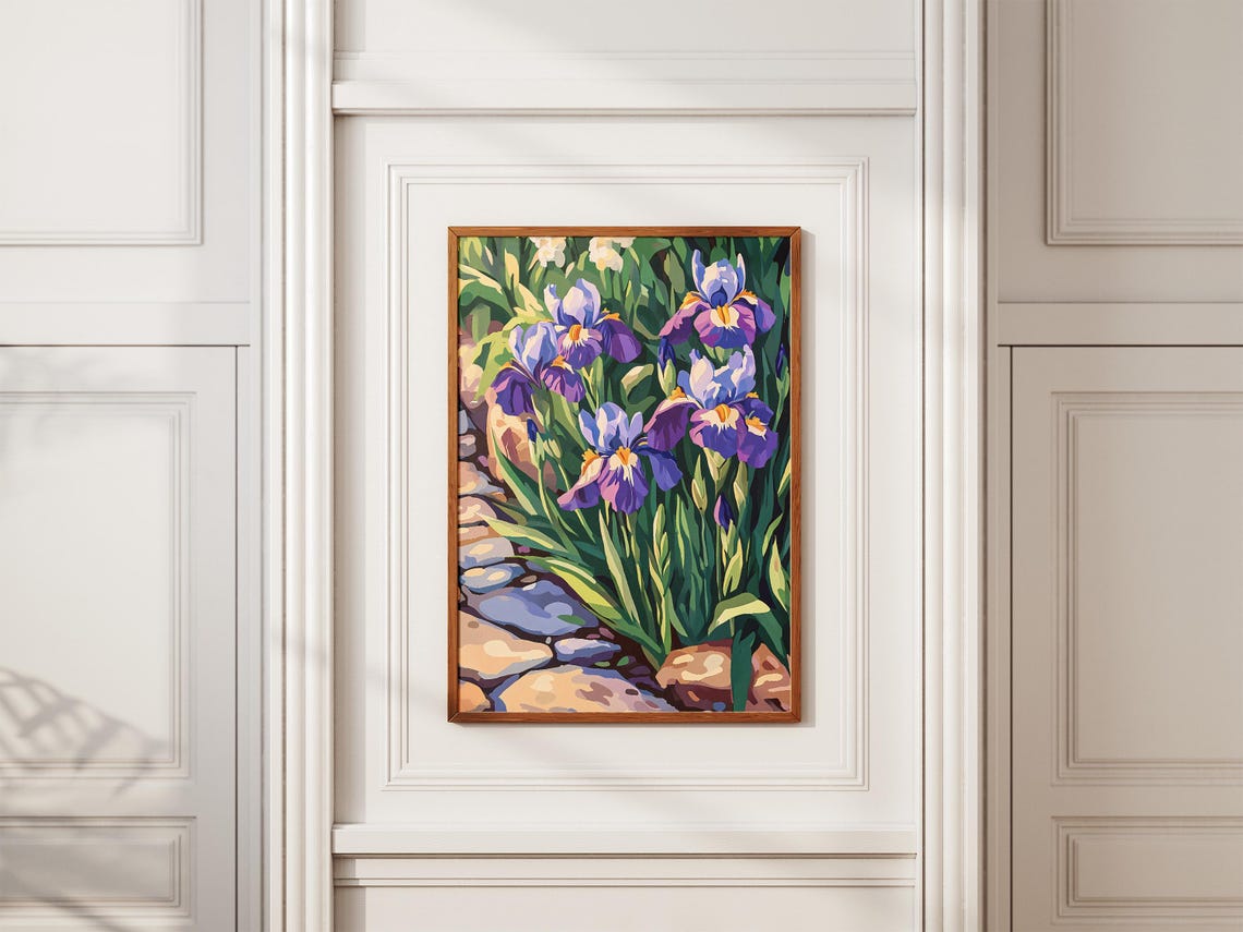 Purple Irises Beside Sunlit Stone Garden Path Colorful Floral Poster - Image 2