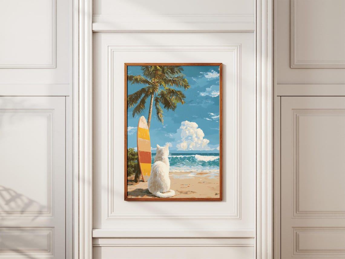 Dreamy White Cat Beach Surfboard Palm Tree Ocean Gaze Poster - Image 2