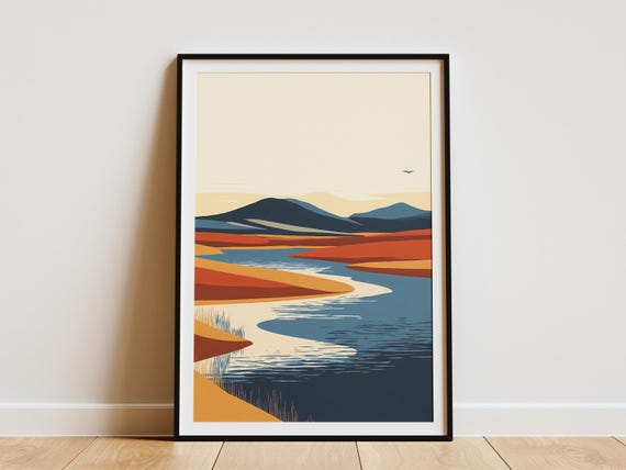 Kazakhstan Lake Poster Saryarka Steppe Print Northern Kazakhstan Landscape Art Modern Minimalist Home Decor Blue Orange Beige Nature Wall