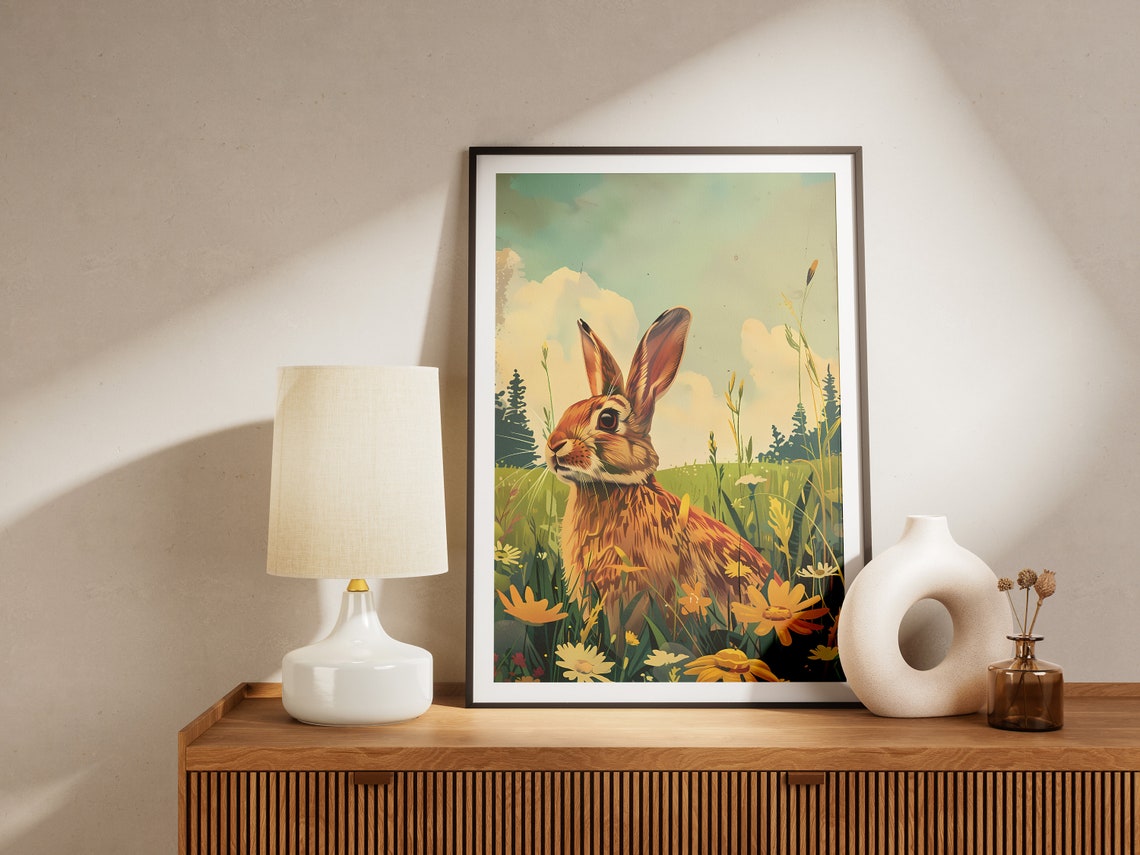 Vintage Rabbit Yellow Flower Meadow Rustic Nature Wildlife Poster - Image 2