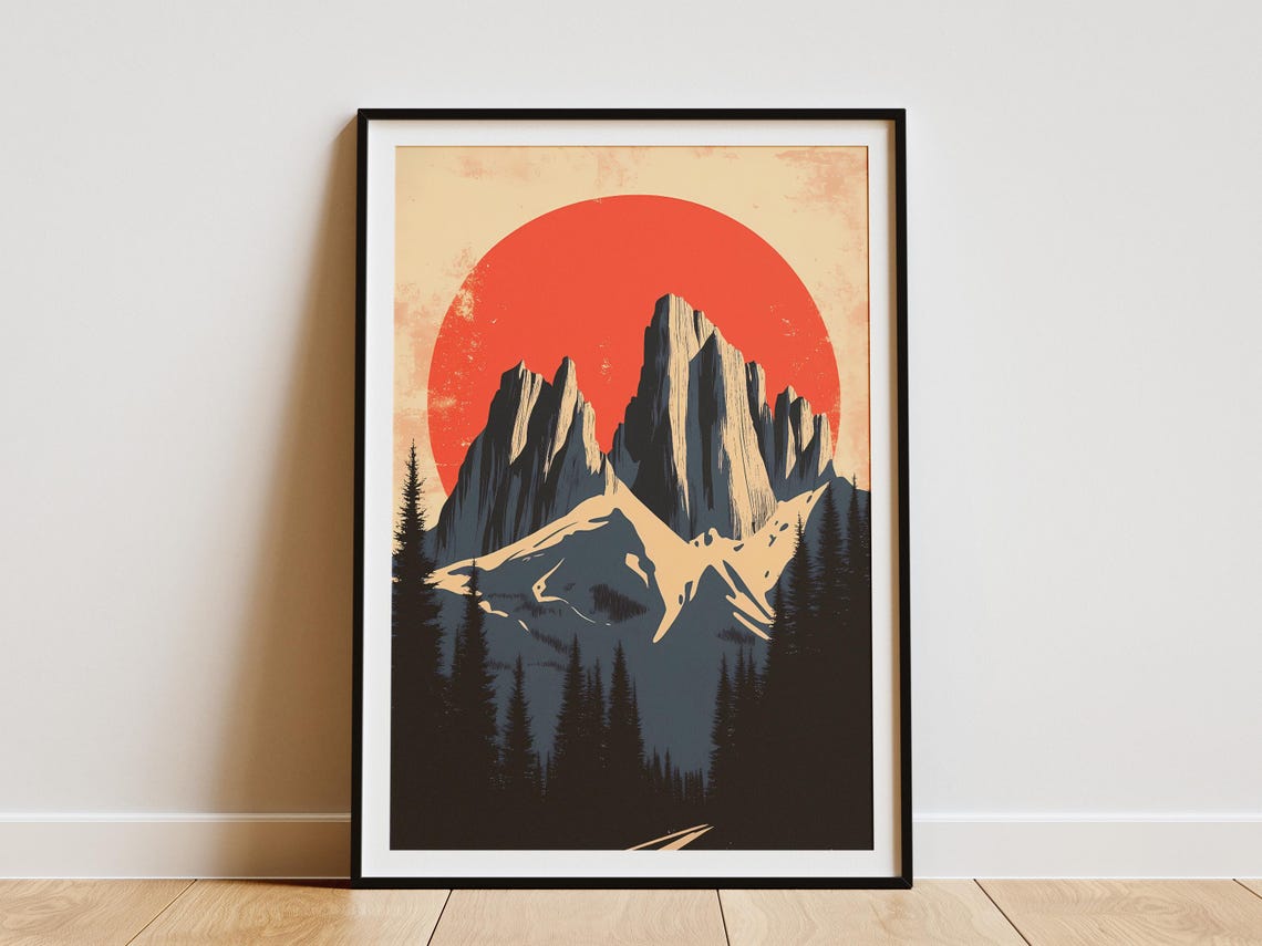 Dolomites Italy Jagged Gray Peaks Red Sun Retro Travel Poster