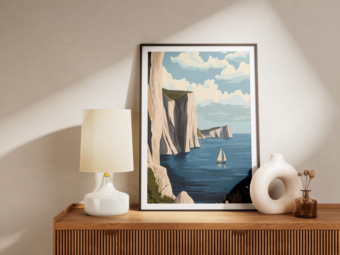 White Chalk Cliffs Sailboat Blue Sea Coastal Landscape Poster - Image 5