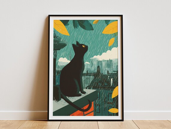 Black Cat Rainy Rooftop Whimsical Travel Style City Art Poster