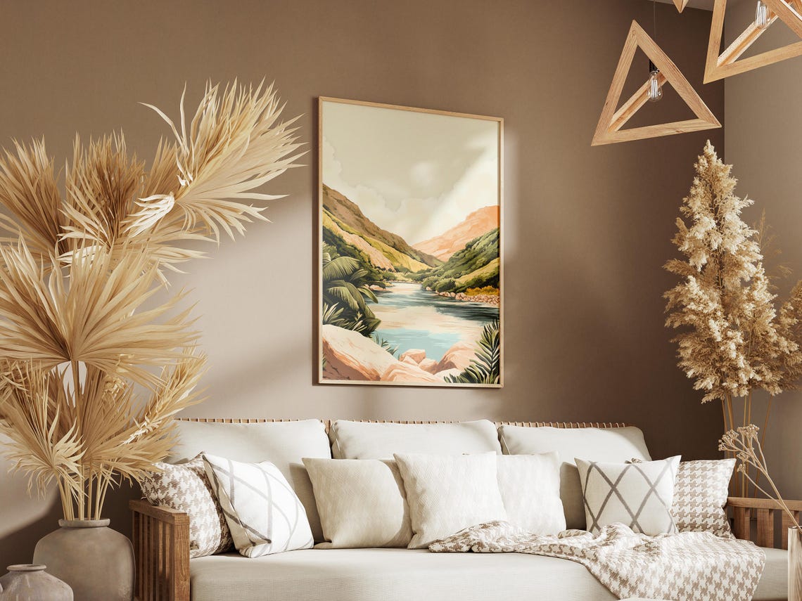 Calm River Valley Between Green Hills Tropical Landscape Poster - Image 3