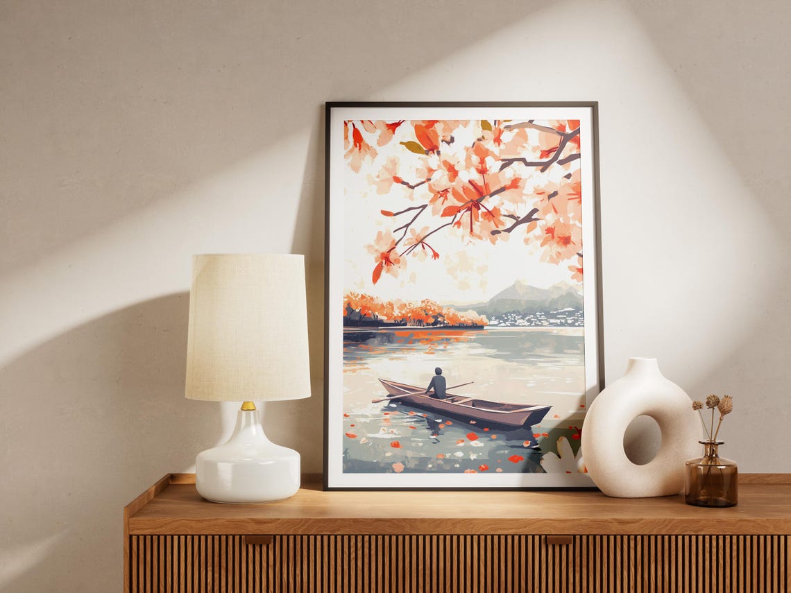 Rowboat on Calm River Cherry Blossom Canopy Japanese Nature Poster - Image 4