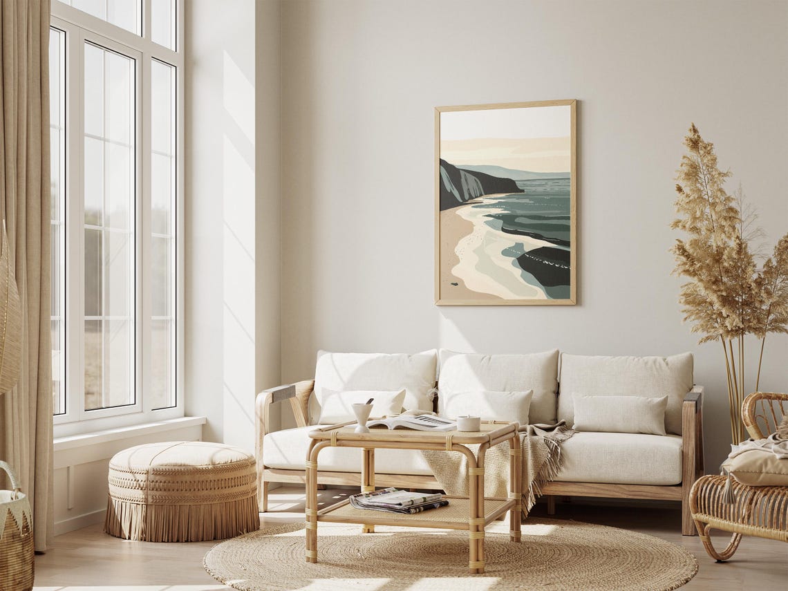 Abstract Beige Teal Coastal Waves Minimalist Beach Art Poster - Image 4