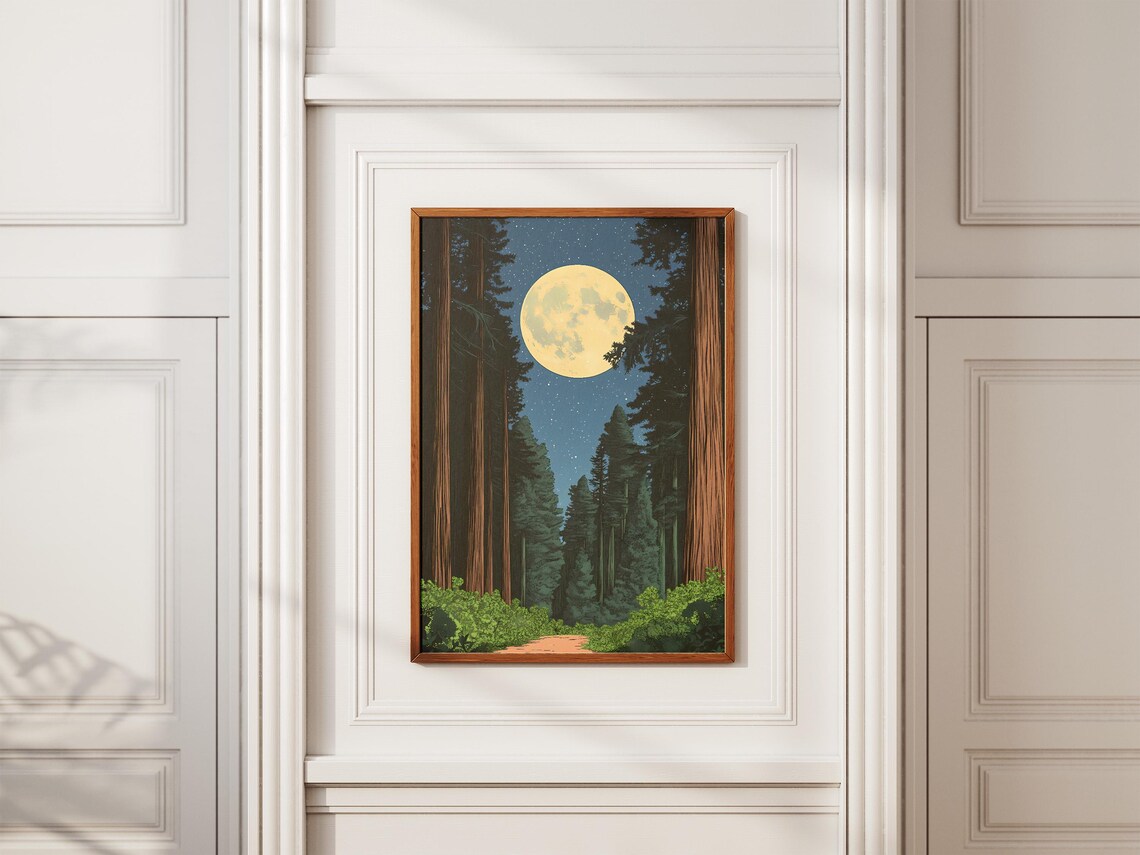 Redwood National Park Tall Tree Trunks Moonlit Forest Path Night Poster - Image 2