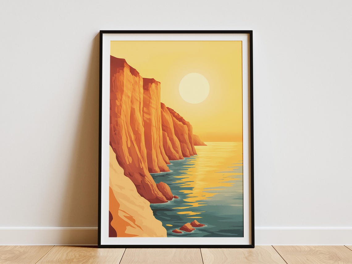 Golden Sunset Cliffs Over the Ocean Coastal Landscape Poster