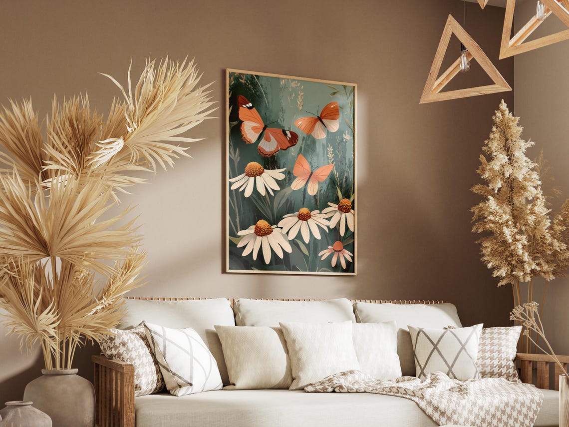 Orange Butterflies Over White Coneflowers Dark Botanical Poster - Image 3