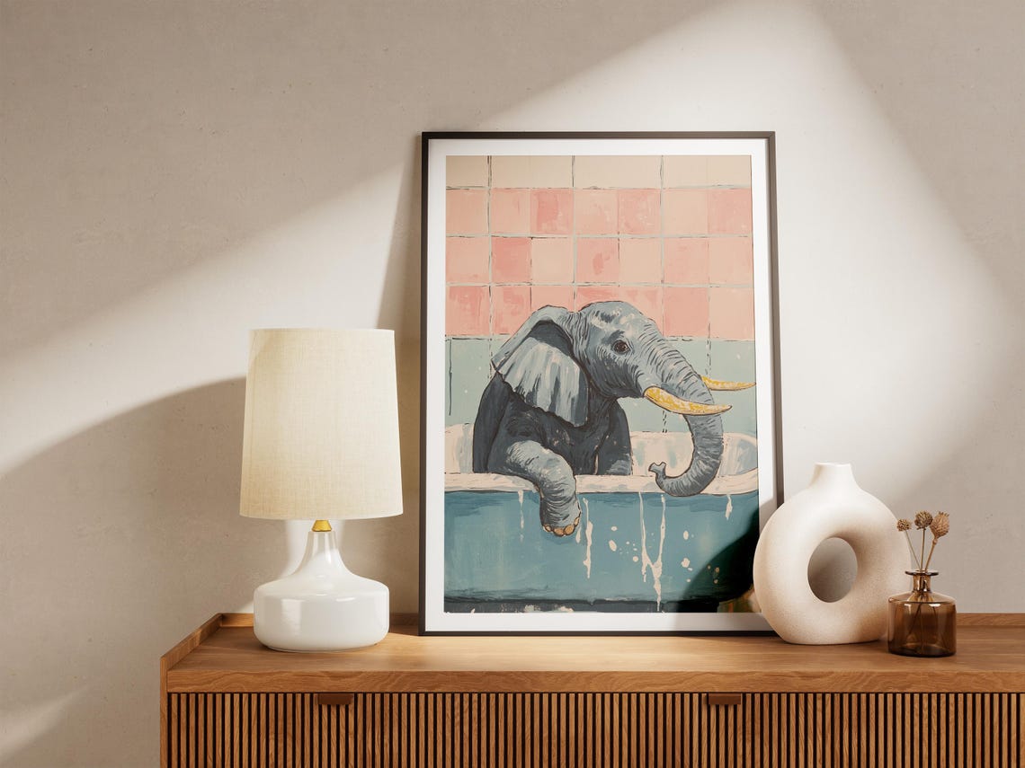 Baby Elephant Soaking in Blue Bathtub Pink Tile Bathroom Poster - Image 5