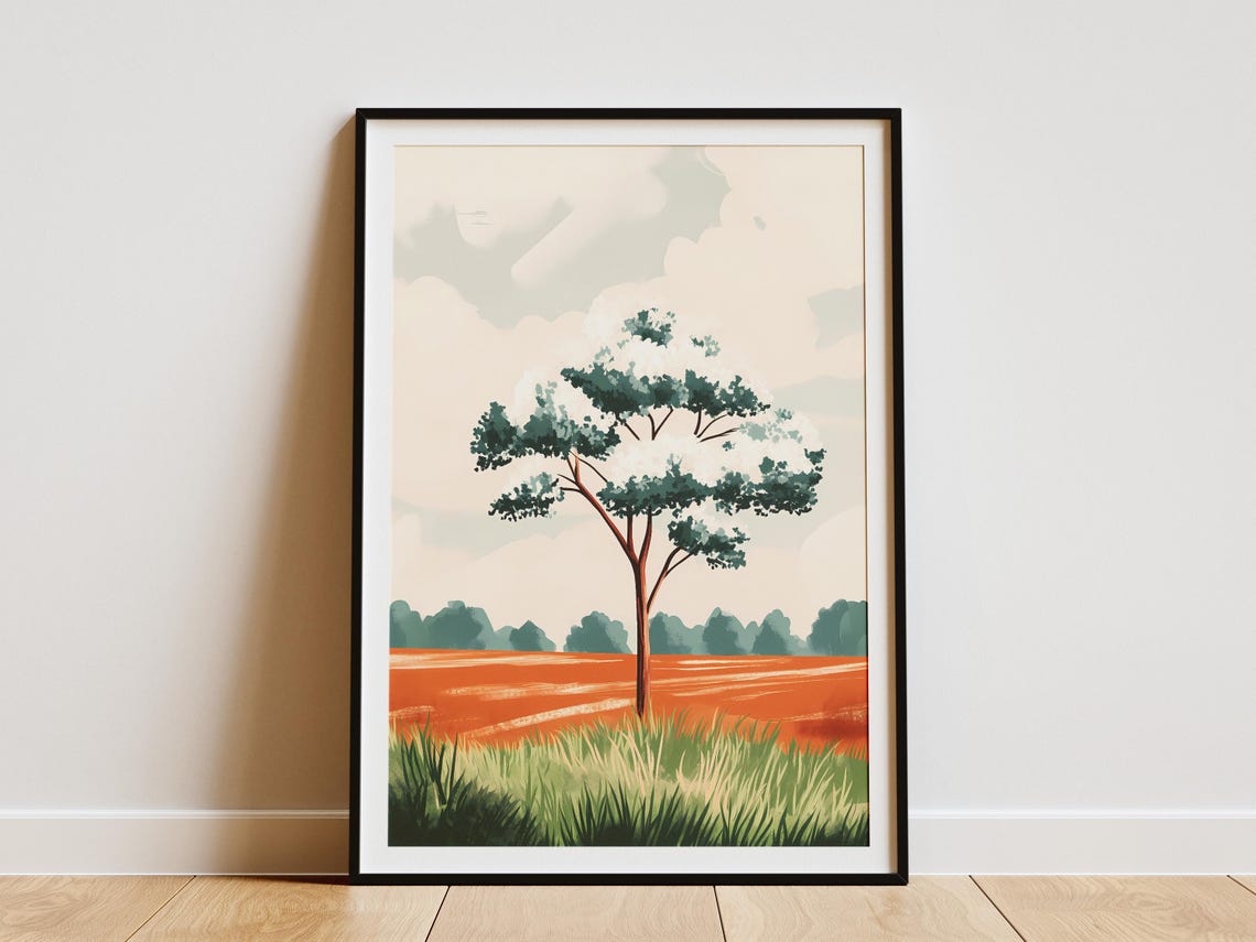 Lone Tree Standing In Orange Field Minimalist Landscape Poster