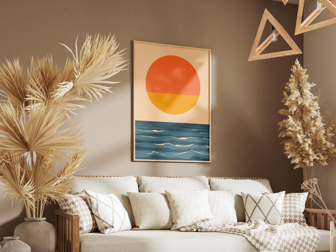 Two-Tone Sun over Layered Ocean Waves Mid-Century Modern Poster - Image 3