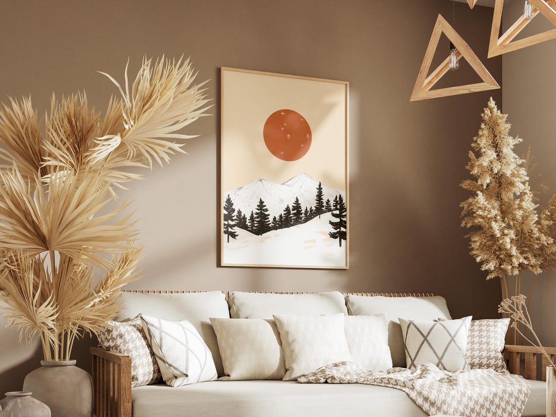Minimalist Snowy Mountain Peak With Burnt Orange Sun Art Poster - Image 3