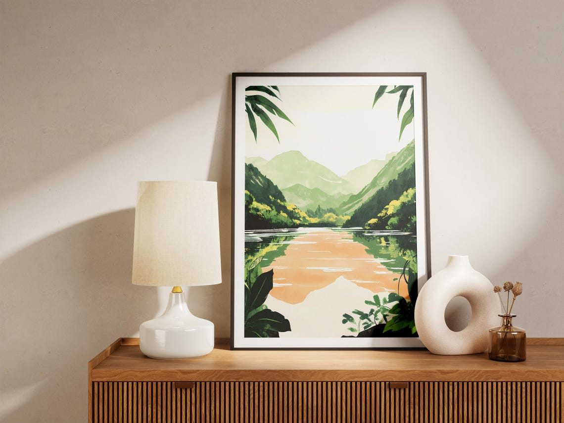 Emerald Mountain Lake Mirroring a Peach Sunset Sky Art Poster - Image 5