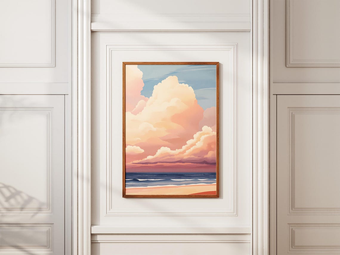 Pastel Clouds Towering Over a Peaceful Sunset Beach Shore Poster - Image 2