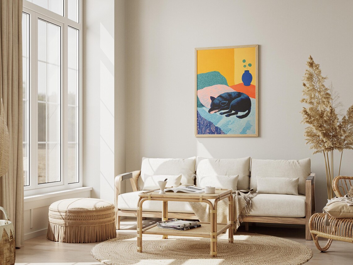 Black Dog Sleeping on a Colorful Bed in Bold Modern Abstract Art Poster - Image 3